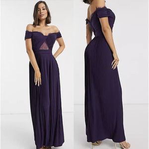 ASOS Design Maxi Dress Gown NWT Premium Lace & Pleat Bardot, Purple, Size 4